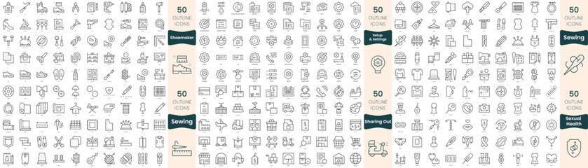 300 thin line icons bundle. In this set include setup and settings, sewing, sexual health, sharing out, shoemaker - obrazy, fototapety, plakaty