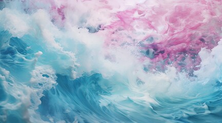 Fototapeta na wymiar Aerial view of blue ocean waves crashing on to a pink sandy beach.