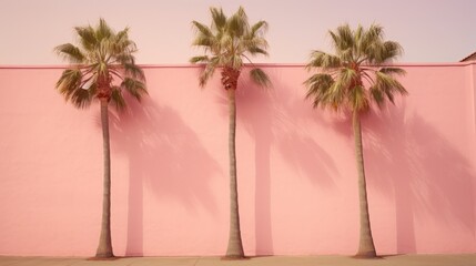 Three palm trees in front of a pink wall with pink sky above during a bright summer day. 