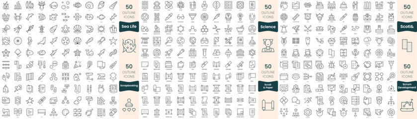 300 thin line icons bundle. In this set include science, scotland, scrapbooking, scroll and paper, scrum development, sea life