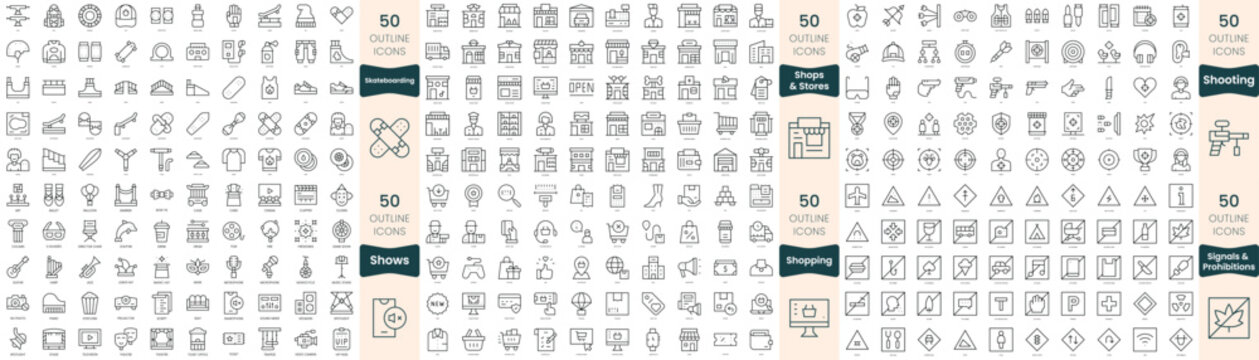 300 thin line icons bundle. In this set include shooting, shopping, shops and stores, shows, signals and prohibitions, skateboarding