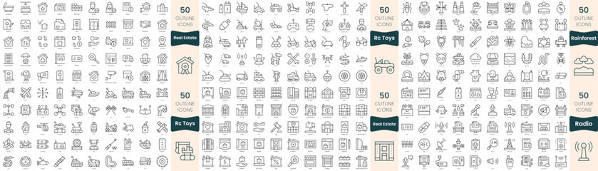 300 thin line icons bundle. In this set include radio, rainforest, rc toys, real estate