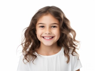a closeup photo portrait of a cute beautiful young girl kid smiling with clean teeth. used for a dental ad. teen with fresh stylish long hair. isolated on white background. Generative AI