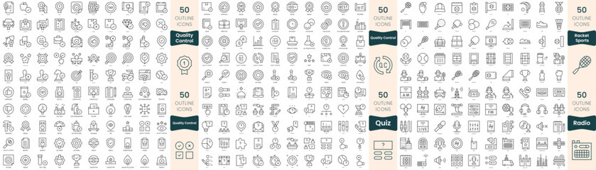 300 thin line icons bundle. In this set include quality control, quiz, racket sports, radio