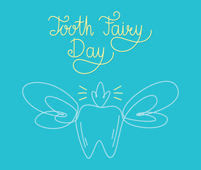 International world holiday Tooth Fairy Day. Childish vector banner or poster, magic fairy tooth with wings and lettering in line art style.