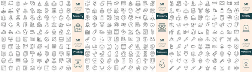 300 thin line icons bundle. In this set include poverty, pregnancy, prehistoric, printing