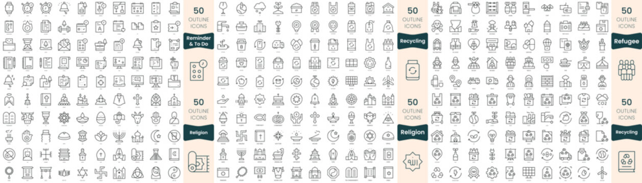 300 thin line icons bundle. In this set include recycling, refugee, religion, reminder and to do