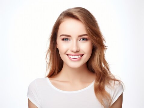 a closeup photo portrait of a beautiful young teenager woman smiling with clean teeth. used for a dental ad. girl with fresh stylish long hair. isolated on white background. Generative AI