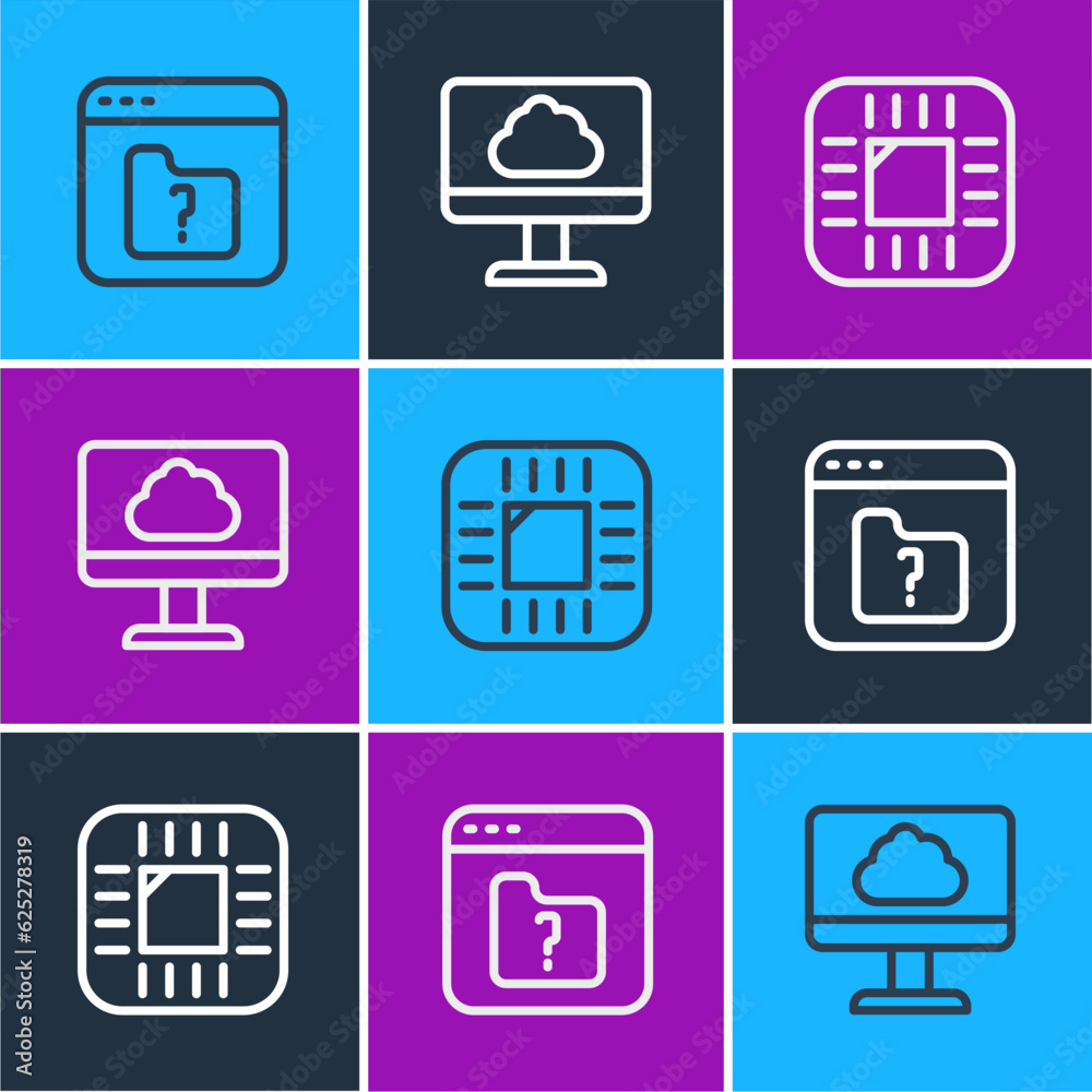 Aufkleber set line file missing, processor with cpu and cloud technology data transfer icon. vector
