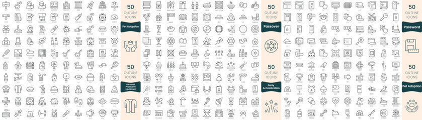 300 thin line icons bundle. In this set include party and celebration, passover, password, personal protective equipment ppe, pet adoption