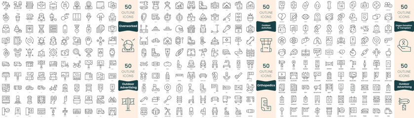 300 thin line icons bundle. In this set include organ donation and transplant, orthopedics, outdoor activities, outdoor advertising, overworked