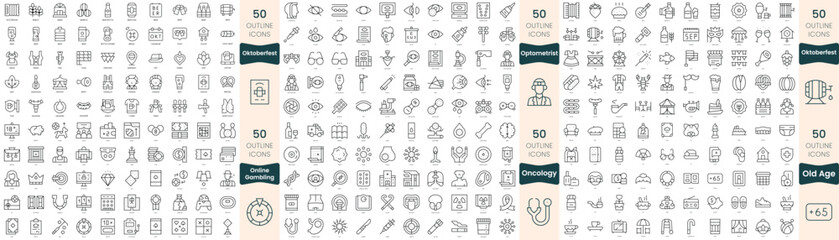 300 thin line icons bundle. In this set include oktoberfest, old age, oncology, online gambling, optometrist