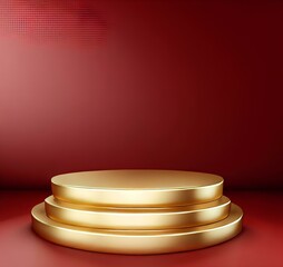 Golden podium on red background for display product. Background for cosmetic product branding, identity, and packaging Generative AI