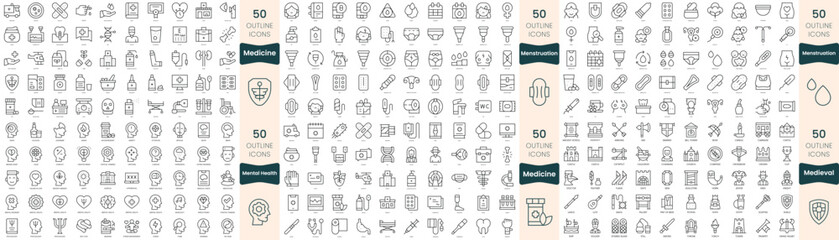 300 thin line icons bundle. In this set include medicine, medieval, menstruation, mental health