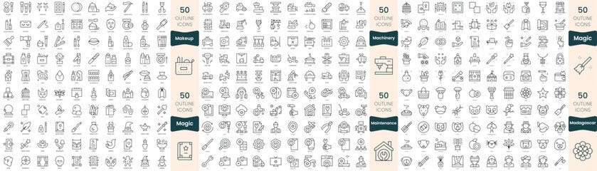 300 thin line icons bundle. In this set include machinery, madagascar, magic, maintenance, makeup
