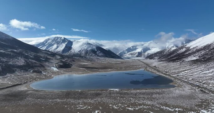 Aerial footage of beautiful snow mountains and lake in Tibet,China