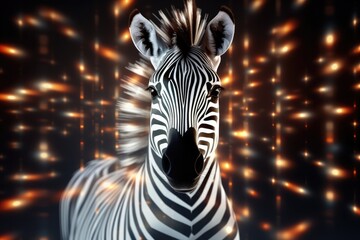 Fototapeta premium Zebra animal dark wallpaper with bokeh, lights and trees in nature. Generative Ai.