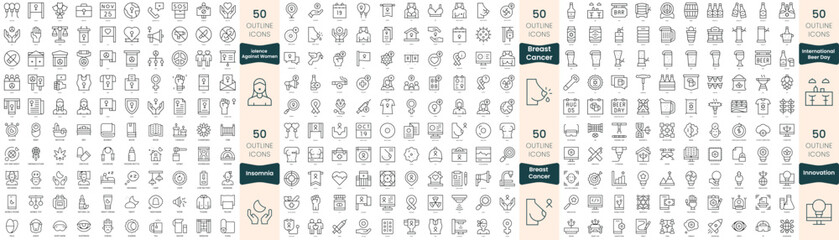 300 thin line icons bundle. In this set include innovation, insomnia, international beer day, international day against breast cancer, international day for the elimination of violence against women