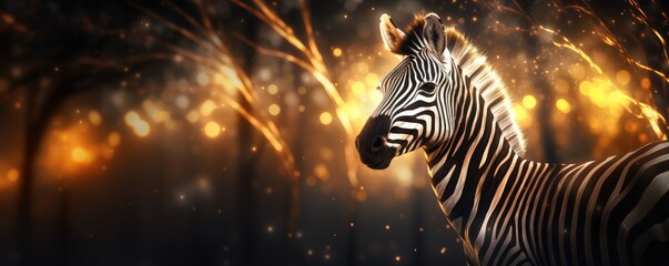 Fototapeta premium Zebra animal dark wallpaper with bokeh and lights, nature panorama. Generative Ai.