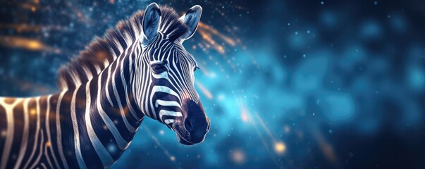 Fototapeta na wymiar Zebra animal dark wallpaper with bokeh and lights, nature panorama. Generative Ai.