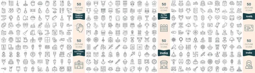 300 thin line icons bundle. In this set include hygiene routine, ice cream shop, iceland, in the village, india