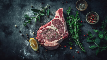 Beef steak on a wooden board with spices and rosemary on a black background