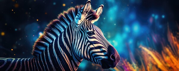 Zebra animal dark wallpaper with bokeh and lights,  nature panorama. Generative Ai. - obrazy, fototapety, plakaty