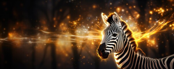 Fototapeta premium Zebra animal dark wallpaper with bokeh and lights, nature panorama. Generative Ai.