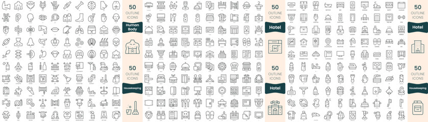 300 thin line icons bundle. In this set include hotel, housekeeping, human body