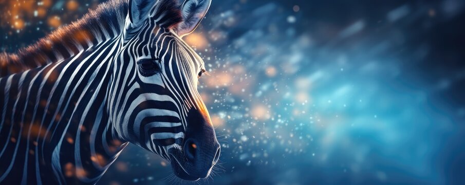 Zebra Animal Dark Wallpaper With Bokeh And Lights,  Nature Panorama. Generative Ai.