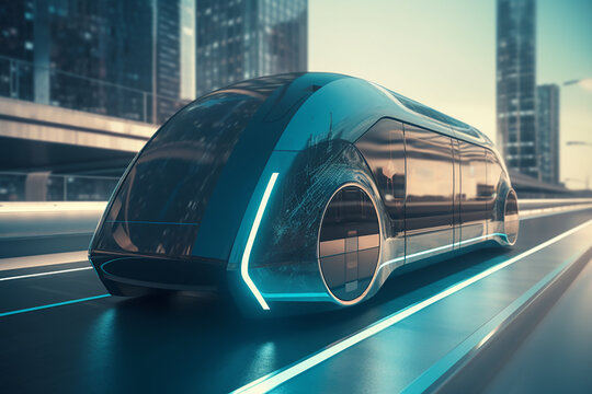 Autonomous Electric Shuttle Bus Self Driving On Street, Smart Vehicle Concept