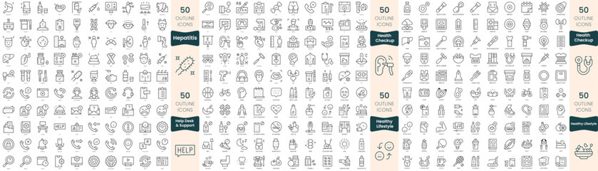 300 thin line icons bundle. In this set include health checkup, healthy lifestyle, help desk and support, hepatitis