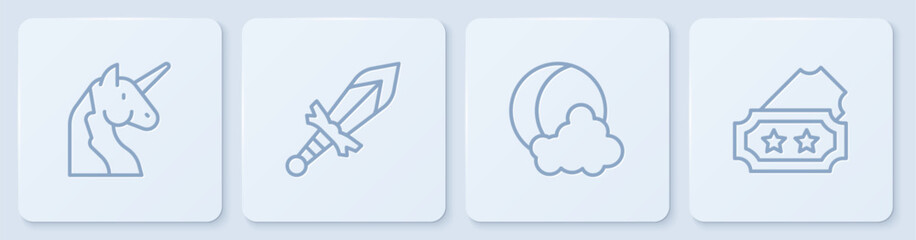Set line Unicorn, Moon and stars, Medieval sword and Ticket. White square button. Vector