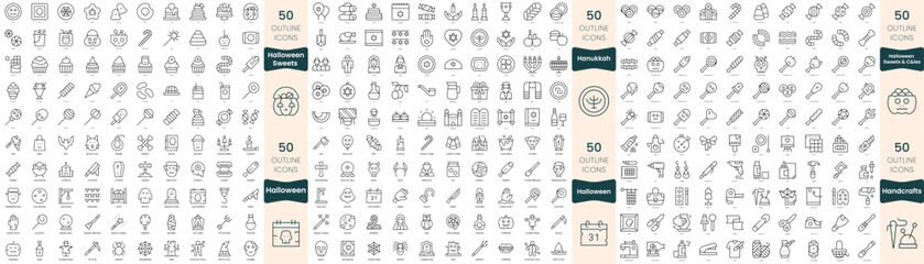 300 thin line icons bundle. In this set include halloween sweets and candies, halloween, handcrafts, hanukkah