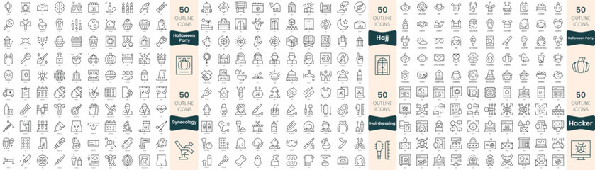 Fototapeta na wymiar 300 thin line icons bundle. In this set include gynecology, hacker, hairdressing, hajj, halloween party