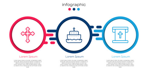 Set line Christian cross, Ark of noah and Flag with christian. Business infographic template. Vector
