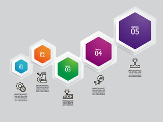 abstract hexagon steps timeline infographic element report background with business line icon 5 steps