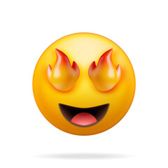 3D Yellow Excited Fire Eyed Emoticon Isolated. Render Laughing Star Fire Eye Emoji. Happy Face LOL. Communication, Web, Social Network Media, App Button. Realistic Vector Illustration