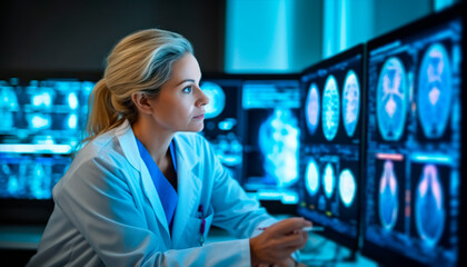 Female neurologist examining cerebral magnetic resonance images on a monitor in a hospital	 - obrazy, fototapety, plakaty