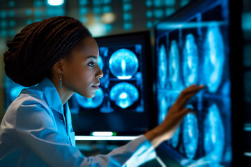African American neurosurgeon studying cerebral magnetic resonance imaging in hospital - obrazy, fototapety, plakaty