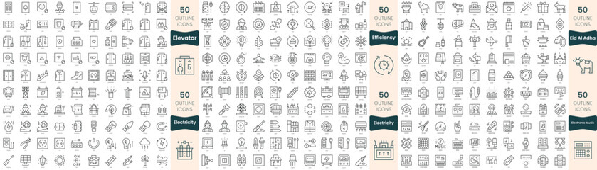 Obraz na płótnie Canvas 300 thin line icons bundle. In this set include efficiency, eid al adha, electricity, electronic music, elevator