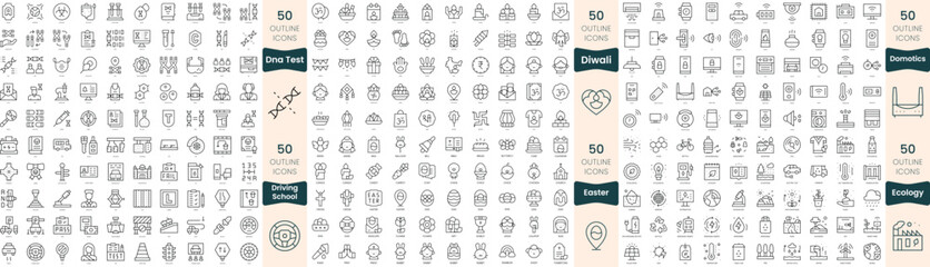 Fototapeta na wymiar 300 thin line icons bundle. In this set include diwali, dna test, domotics, driving school, easter, ecology