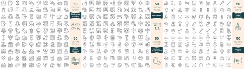 300 thin line icons bundle. In this set include dialogue assets, digital nomad, disabled people assistance, discipline and self control, discounts and offers, discussion