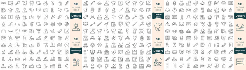 300 thin line icons bundle. In this set include dental care, dentist, dermatology, desert, design studio