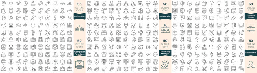 300 thin line icons bundle. In this set include collaboration, community manager, computer functions, computer repair, confrontation