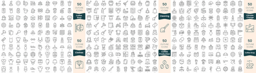 300 thin line icons bundle. In this set include cleaning, climate change, clothes, coffee production, coffee shop