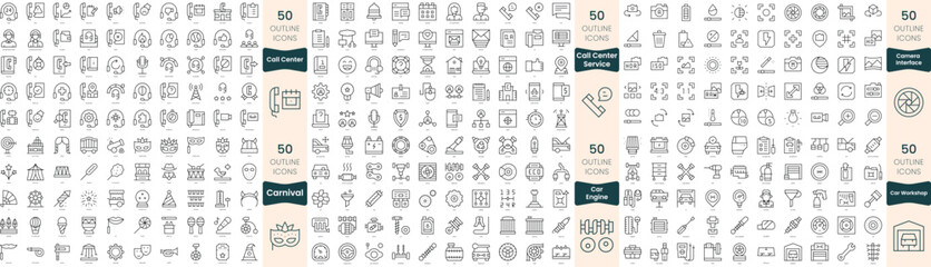 300 thin line icons bundle. In this set include call center service, call center, camera interface, car engine, car workshop, carnival