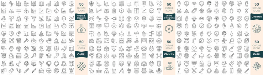300 thin line icons bundle. In this set include celtic, chakras, charity, charts and diagrams