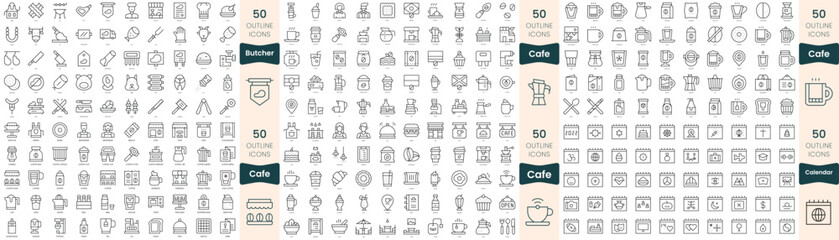 Fototapeta na wymiar 300 thin line icons bundle. In this set include butcher, cafe, calendar
