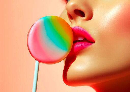 Close up of loli pop candy near face over light background, AI Generated